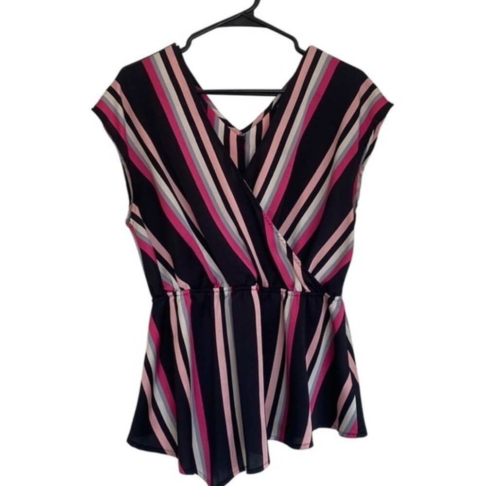 Express Striped Surplice Top Pink Gray Black V Neck Sleeveless Blouse Large